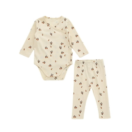 

Grianlook Toddler Loose Long Sleeve Rompers + Pants Crew Neck Floral Print 2Pcs Outfit Suit Party Buttons Romper Outfits Fragrant Pear 73cm