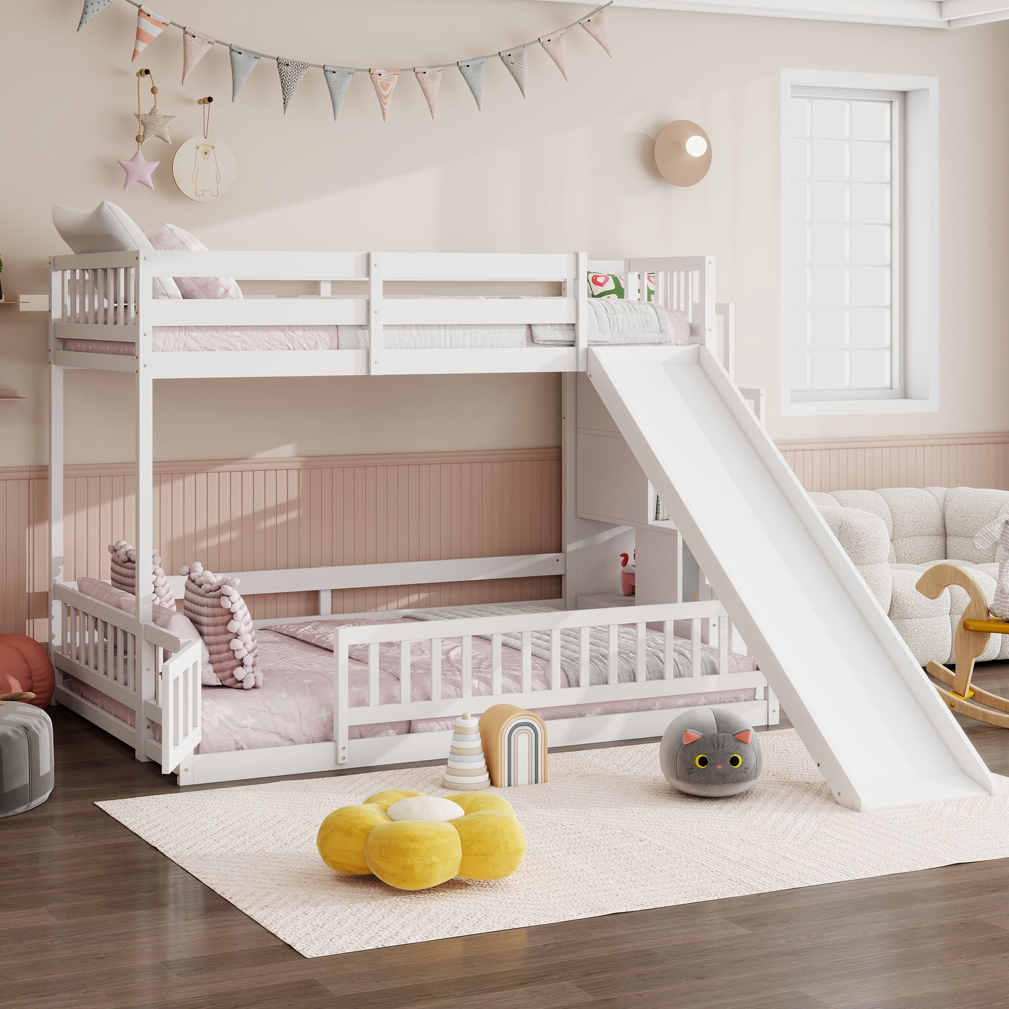 Mintazer Twin Over Full Bunk Bed with Slide & Storage Staircase, Kids Floor Bunk Bed with Guardrails, White