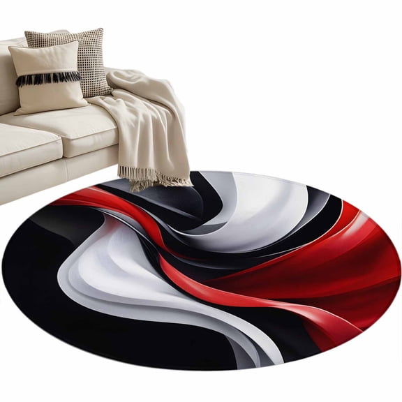 Abstract Water Ripple Round Area Rug 3ft Red Black White Stitching Non-Slip Washable Circle Rugs Soft Felt Indoor Floor Mat for Bedroom Kitchen Living Room Bathroom