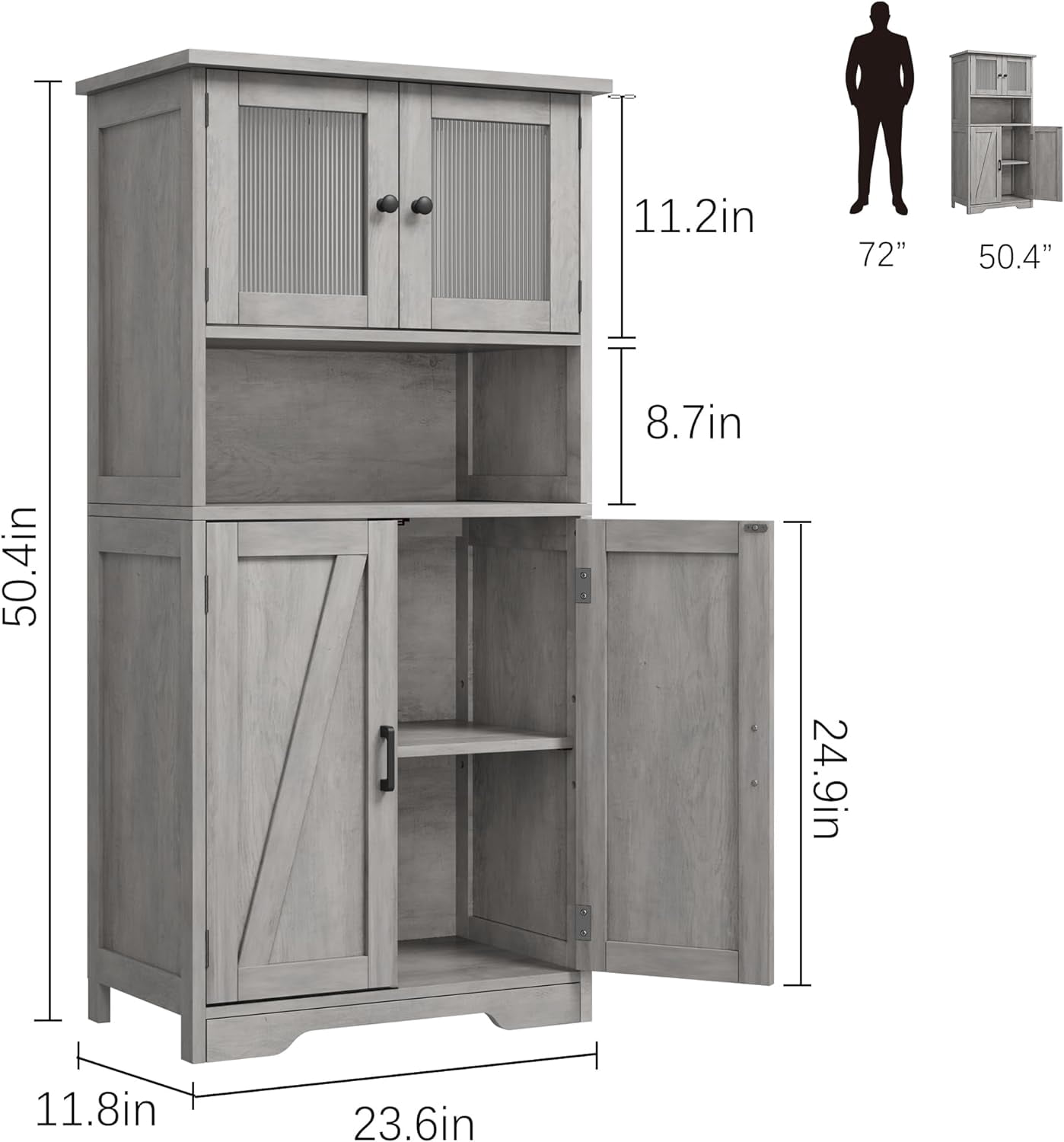 Freestanding Linen Storage Cabinet with Glass Doors, Versatile Kitchen Pantry and Living Room Cupboard with Adjustable Shelves (Gray)
