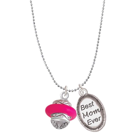 Delight Jewelry Silvertone Hot Pink Center Spinner Best Mom Ever Charm Necklace