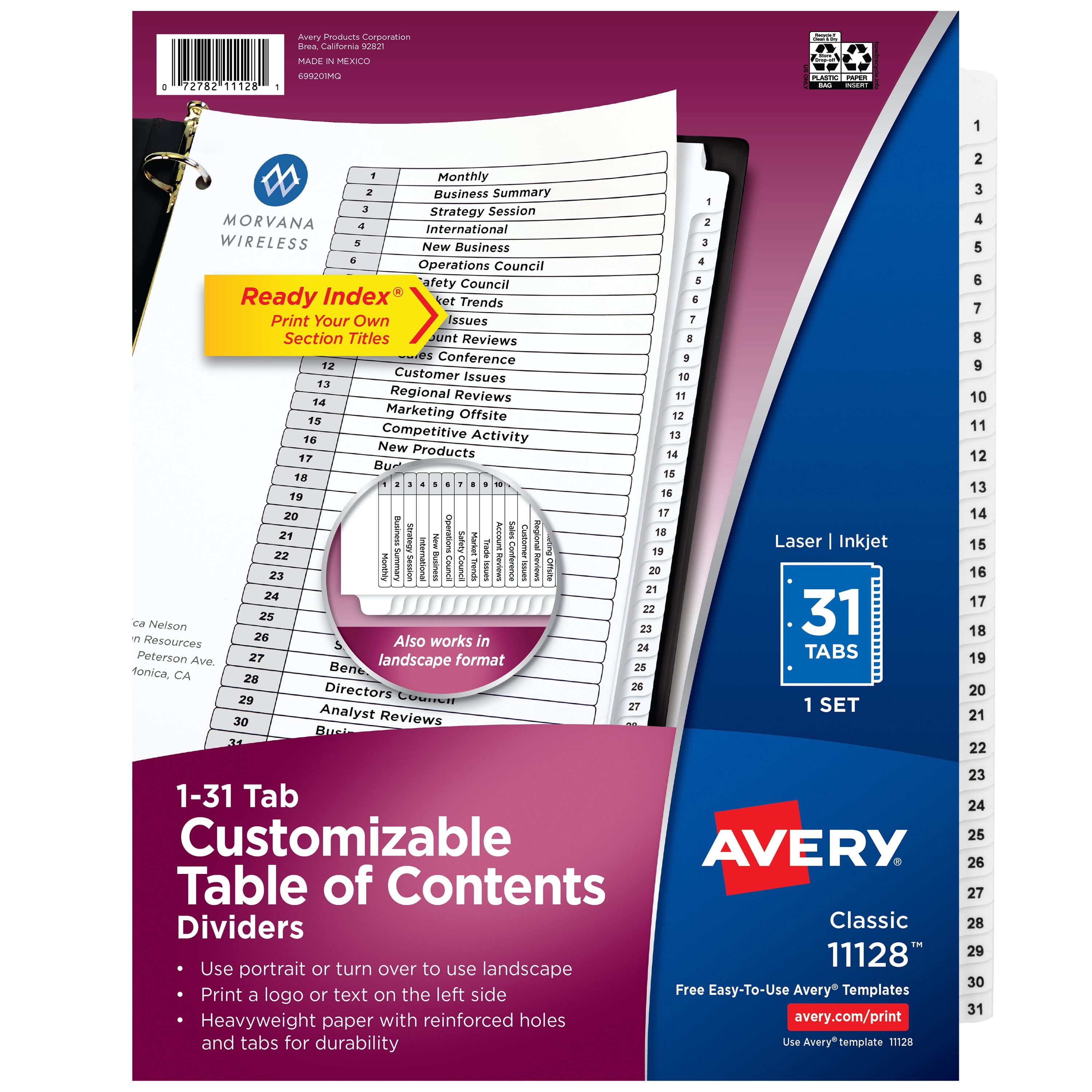 Avery 1" Economy Round Ring Reference Binder, Black with Avery Ready Index Classic Tab Titles, 31-Tab 11128, 1-31, Letter, Black/White, 31/Set Bundle