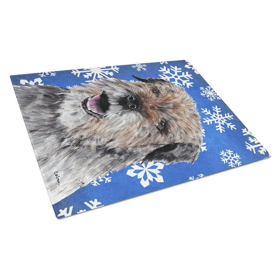 Caroline's Treasures Border Terrier Blue Snowflake Winter Glass Cutting Board Large