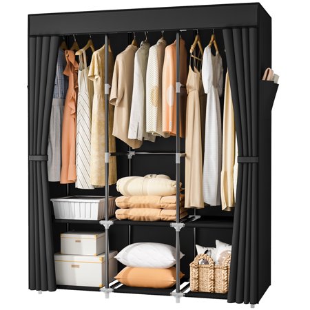 Wardrobe Closet,Portable Closets for Hanging Clothes,Free Standing Clothes Rack with Cover & 3 Hanging rods & 6 Storage Shelves & 2 Side Pockets