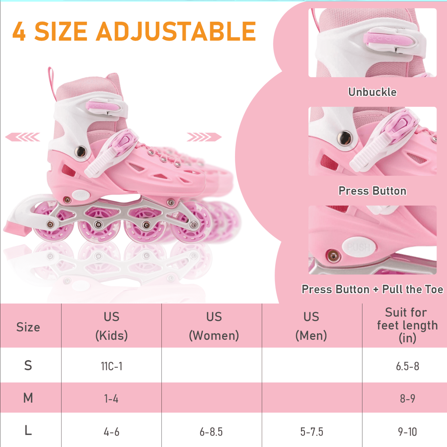 LIXI Adjustable Inline Skates for Women and Girls,Boy's Featuring Illuminated Wheels Skates, Great for Outdoor Sports,Pink