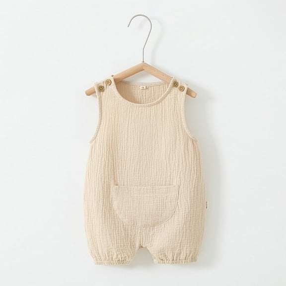 PIKQLJ Infant Newborn Baby Boy Girl Sleeveless Button-Down Romper Jumpsuit Cotton Linen Pocket Playsuit Summer Unisex Baby Outfit