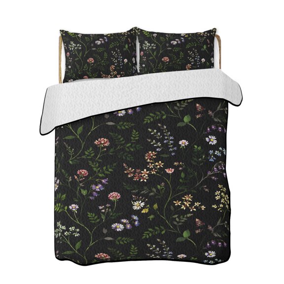 Twin XL Quilt Bedding Set, Black Green Flowers Reversible Summer Quilt 3 Pieces, Spring Floral Elegant Pastoral Lightweight Bedspreads Coverlets with 2 Pillow Shams for All Seasons