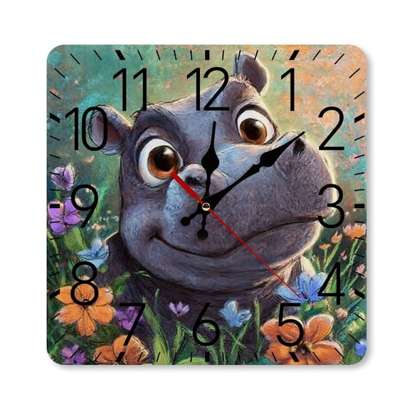 RKSupls 10×10inch Square Silent Wall Clock Wooden Frame, Hippo Flowers Cute Scale Decorative Clock for Home Bedroom Living Room Office