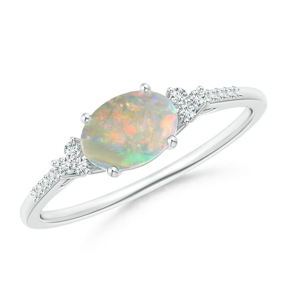 Angara Natural Opal Ring - Horizontally Set Oval Opal Ring with Trio Diamonds for Women | October Birthstone Jewelry | 14K White Gold Opal Ring (Ring Size = 5)