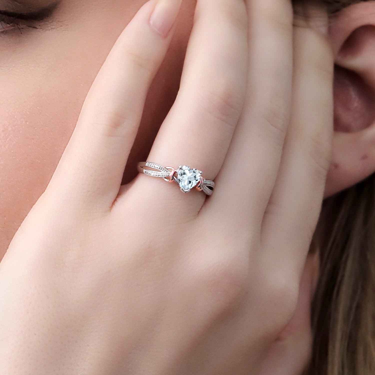 Gem Stone King 925 Sterling Silver and 10K Rose Gold Aquamarine and Accent Diamond Ring for Women (0.68 Cttw, Heart Shape 6MM, Gemstone Birthstone, Available in Size 5, 6, 7, 8, 9)
