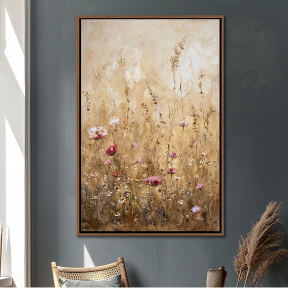 Wildflower Field Wall Art, Vintage Botanical Framed Canvas Art, Rustic Farmhouse Wall Decor, Abstract Floral Living Room Large Canvas Print, 16x24 UNFRAMED