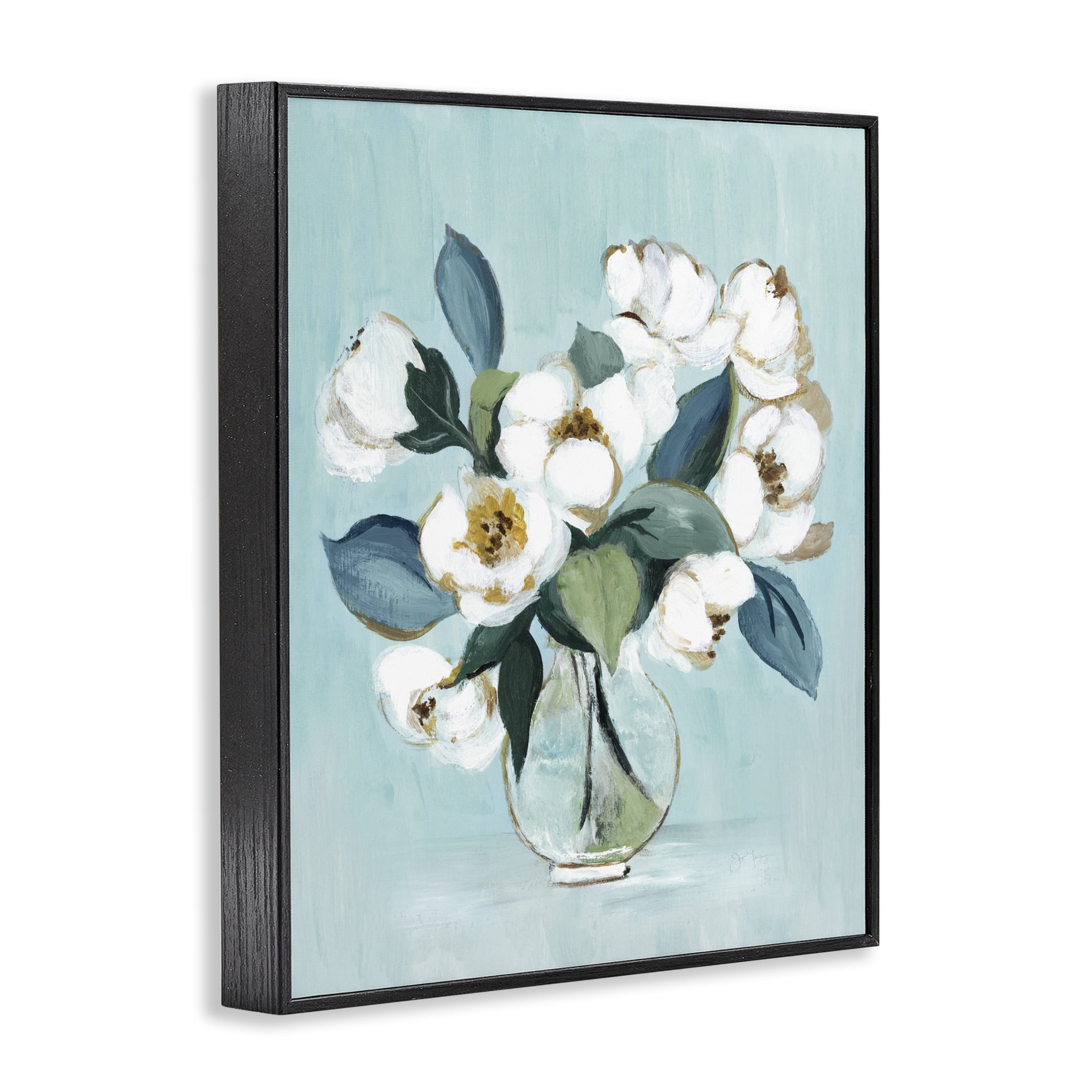 Stupell Industries Magnolia Arrangement over Blue Black Framed Giclee Art, design by Janet Tava