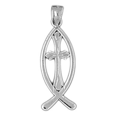 18K White Gold Christian Fish With Cross Pendant - 29 mm
