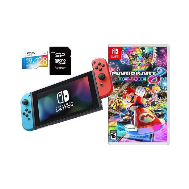 Nintendo Switch Mario Kart 8 Deluxe 128gb Sd Card Bundle Console With Joy Con Neon Blue And Neon Red Walmart Com Walmart Com