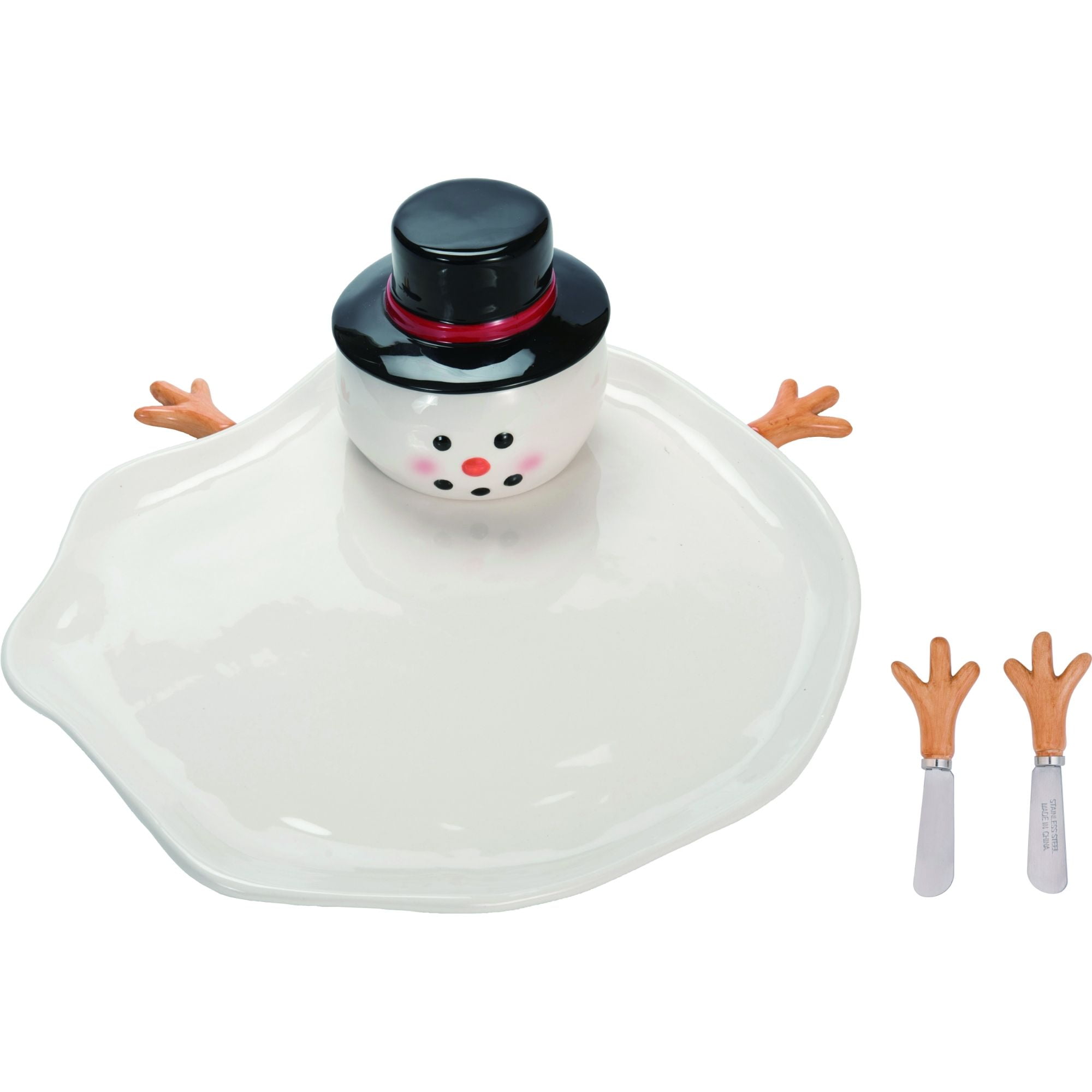 Set of 4 White and Black Melted Snowman Plate with Spreader Christmas