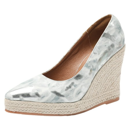 

semimay spring and autumn new slope heel thick sole pointed shallow high heel slope heel shoes silver