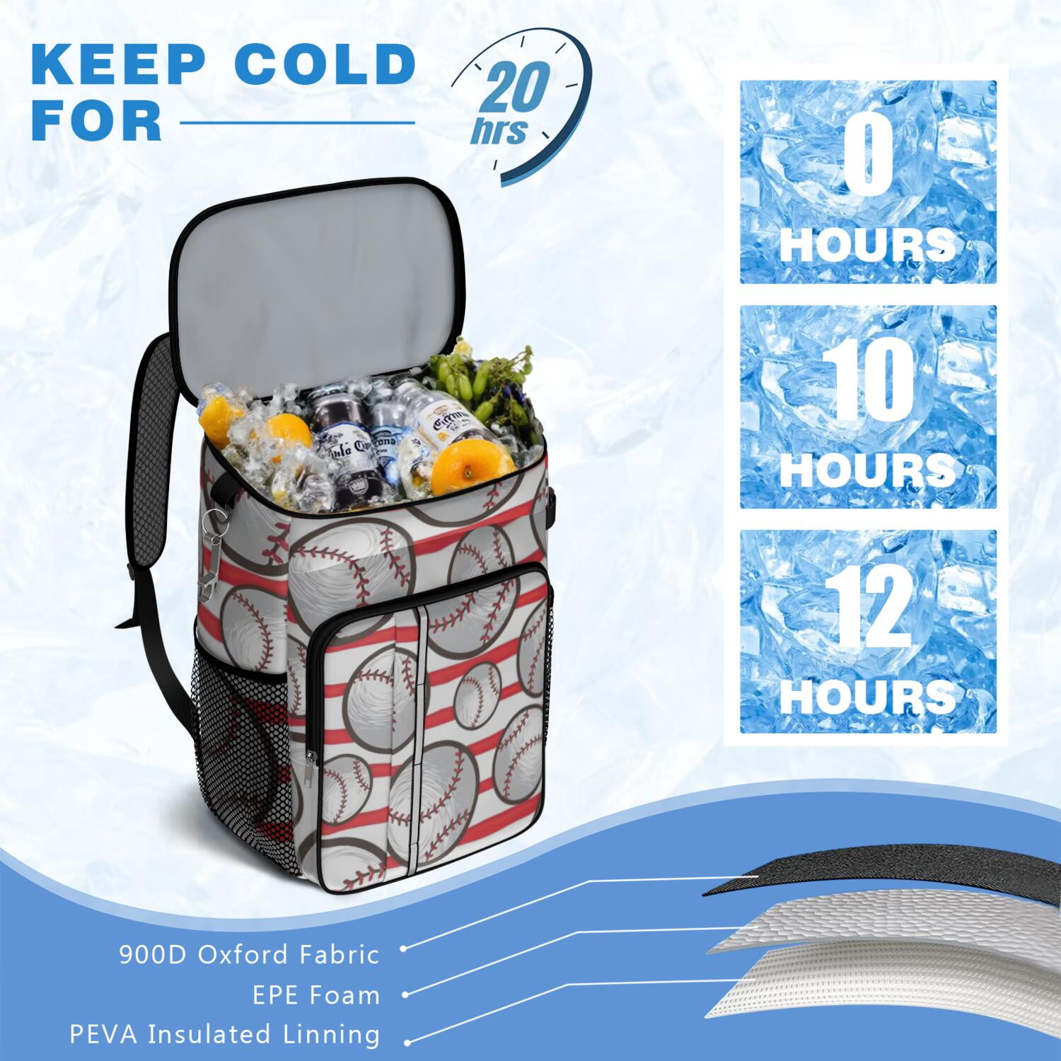 Travel Cooler Bag - Red and White Striped Baseballs Pattern Camping Beer Cooler Backpack with Bottle Opener- Waterproof Insulated Picnic Backpacks - Cooler Bag for Beach