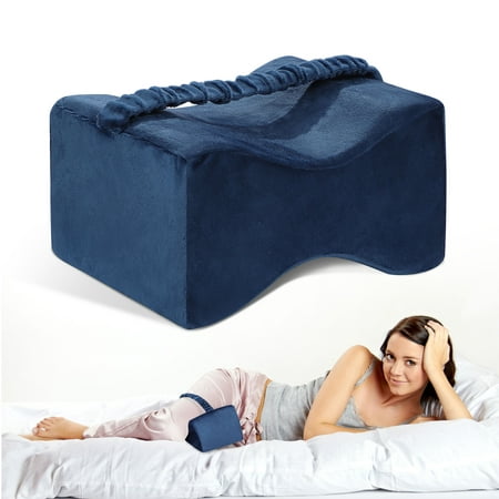 Knee Pillow To Relax Pain Memory Foam Pillow Wedge For side sleepers w Navy Elastic Strap Covers And