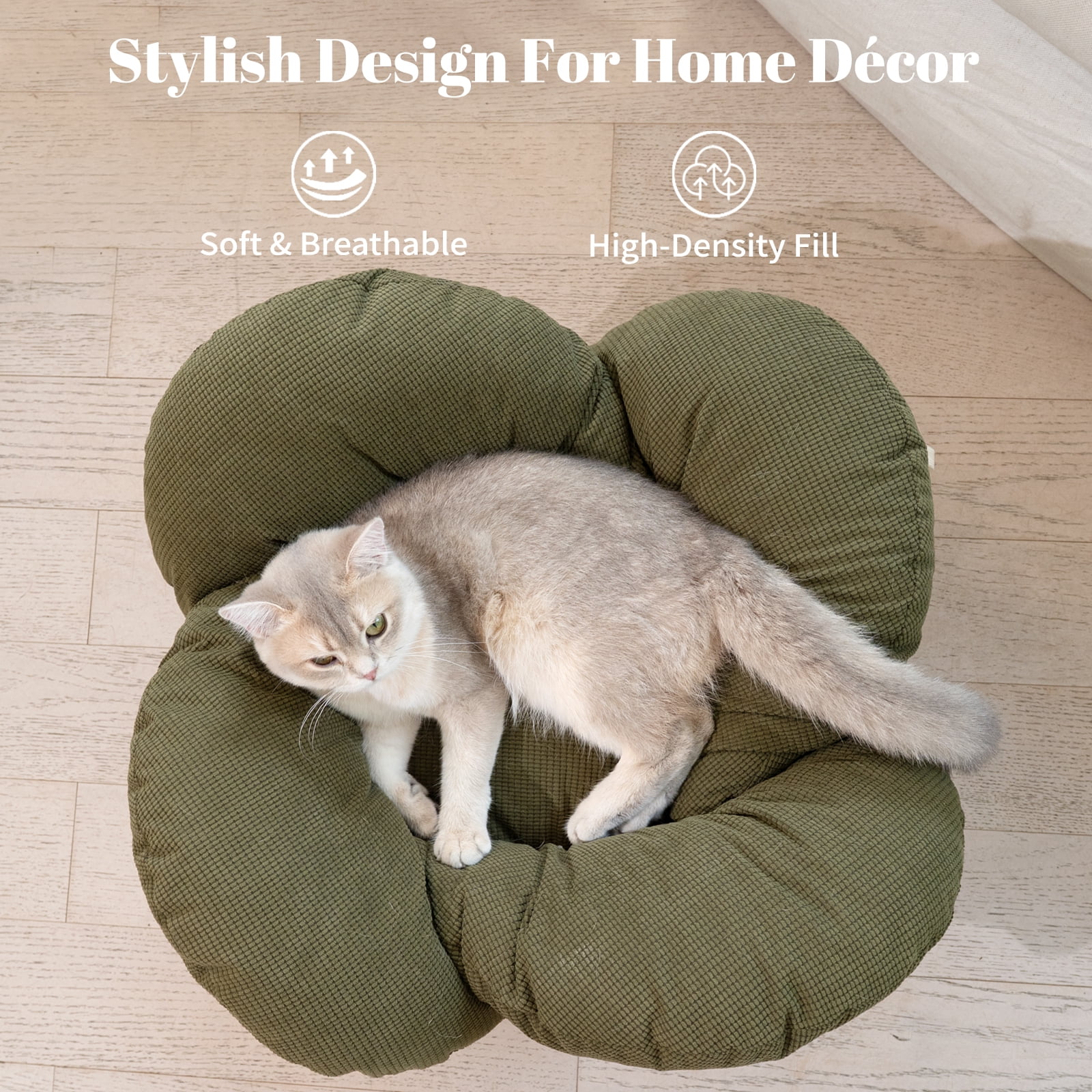 CheerPals Elevated Cat Bed, Washable Flower Pet Cushion with Sturdy Wooden Frame, Heavy-Duty Lounge Chair for Indoor Cats & Small Dogs, Green