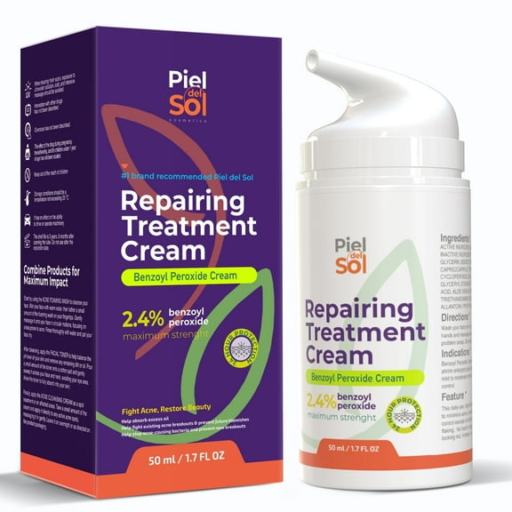 Piel del Sol cosmetics Acne Cleansing Cream & Repairing Treatment - Face & Body Skincare with Benzoyl Peroxide, Sweet Almond Oil, Tea Tree Oil, Aloe Vera Extract for Acne Spot Treatment, 50ml