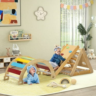 Qaba Pikler Triangle Set, 7 in 1 Indoor Toddler Climbing Toys with Ramp, Arch Ladder, Montessori Climbing Set Baby Play Gym for Kids 18-48 Months
