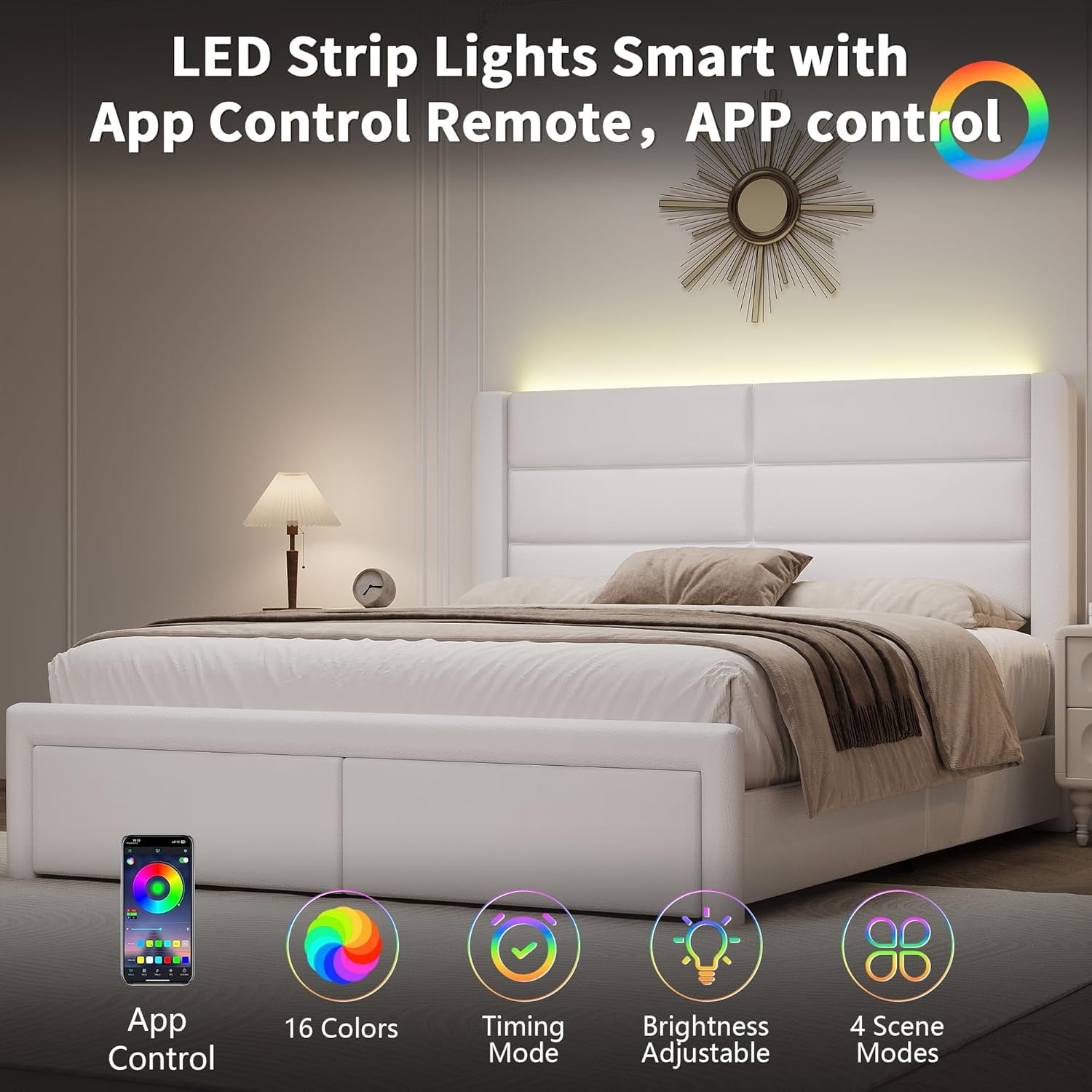 4 EVER WINNER Full Bed Frame with LED Light, Modern Upholstered Platform Bed Frame Headboard and Footboard, White Full Size Bed Frame, White