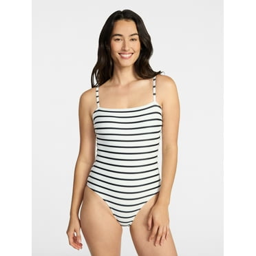 Time and Tru Women's and Women's Plus Size Striped Square Neck One Piece Swimsuit, Sizes XS-3X