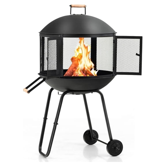 Portable on Wheels, 27” Outdoor Wood Burning Firepit Cage w/ Screen Cover, Log Grate, Fire , Steel Patio Firepit w/BBQ Grill for Outside Camping, Picnic, Backyard