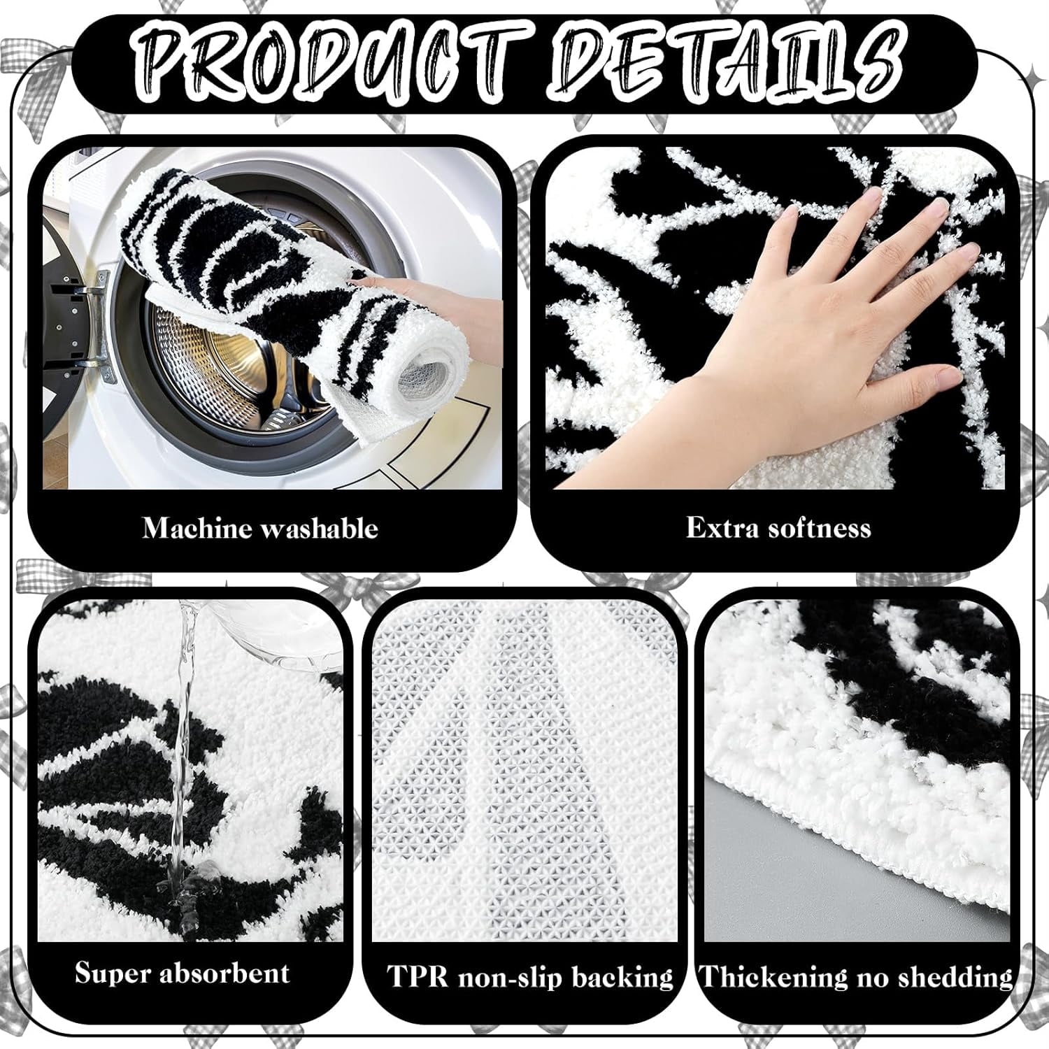 18 Pcs Black Bow Fabric Shower Curtain Set with 12 Decorative Shower Curtain Hooks Black Bow Knot Bathroom Towels Coquette Non Slip Absorbent Microfiber Rug for Modern Aesthetic Bathroom