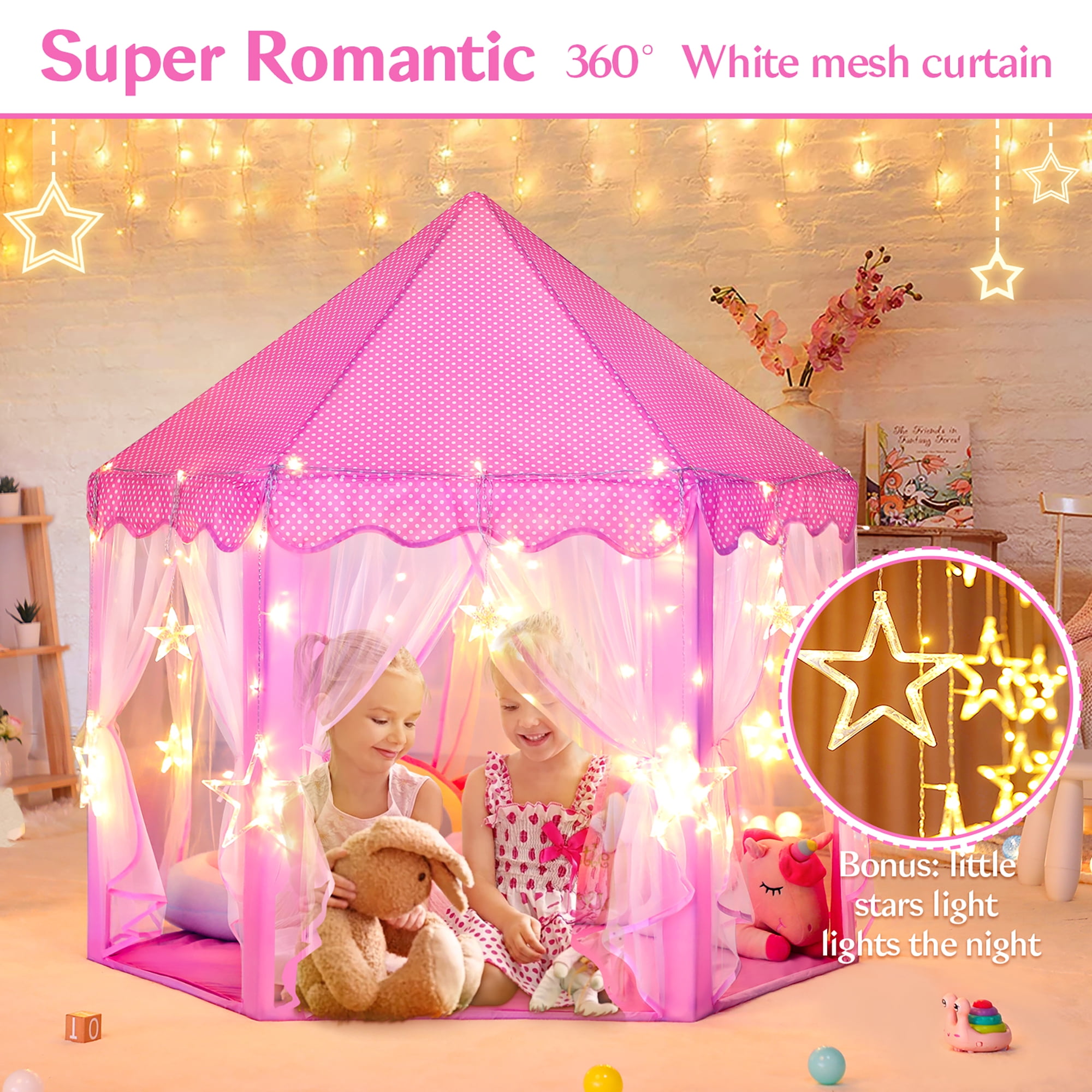 SISTICKER Princess Kids Tent for Girls Toddlers Large Playhouse with Star Lights Indoor Outdoor Polyester Toys