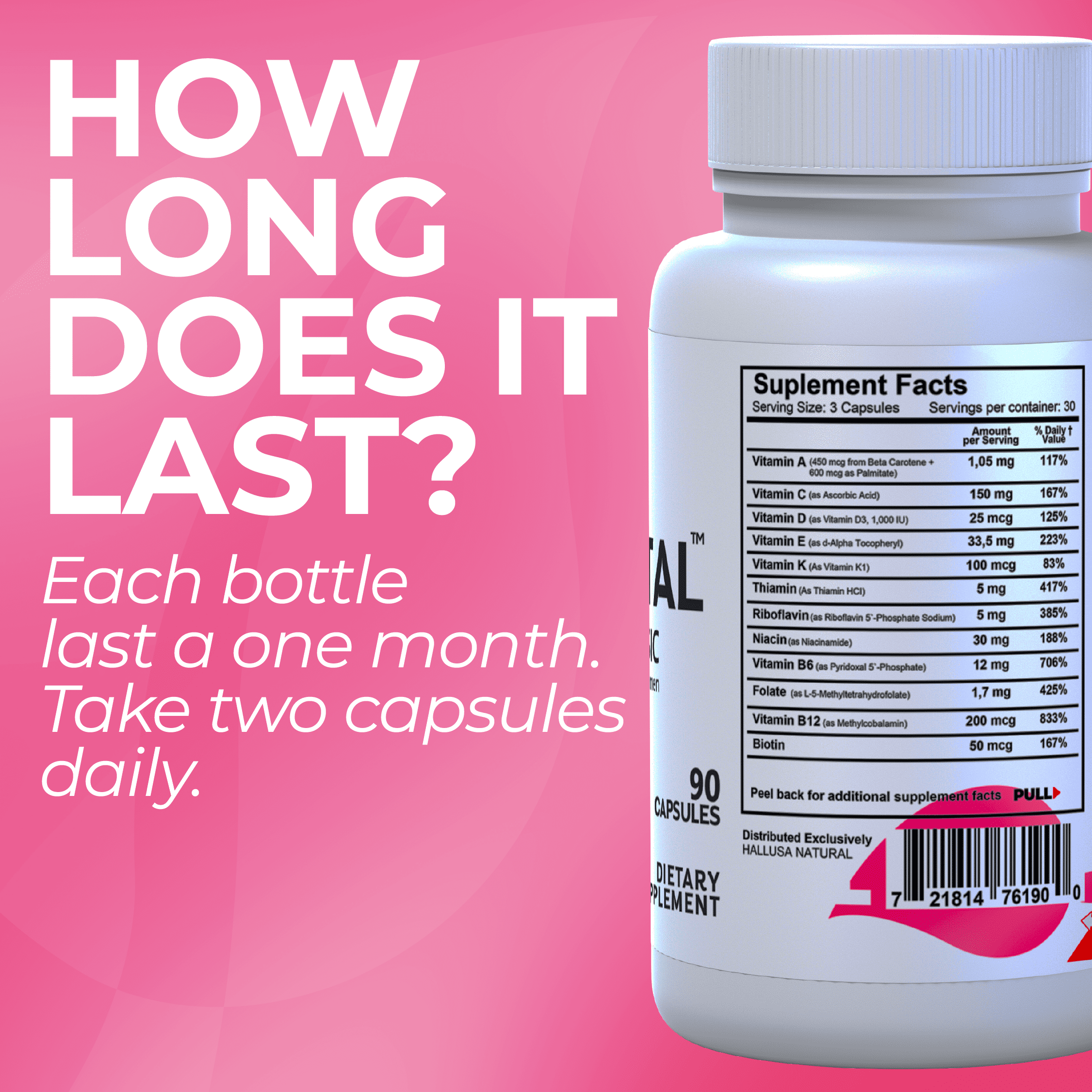 HALLNATAL - Basic Prenatal Vitamins for Women, Folate, Iron, B12 + 20 Essential Vitamins and Minerals, Pregnant and Nursing Women - 90 Capsules - 30 Servings - Hallusa Natural