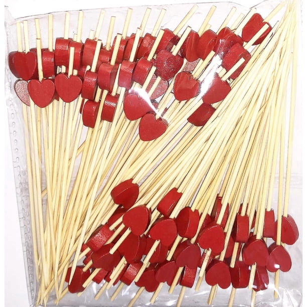 Palillos de cóctel (100 unidades), palillos de madera, artículos para fiestas, bocadillos, frutas, sándwiches, corazones rojos