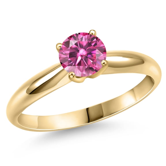 Gem Stone King 14K Yellow Gold Pink Moissanite Engagement Ring for Women | 1.00 Cttw | Round 6.5MM | Gemstone Birthstone | Size 9