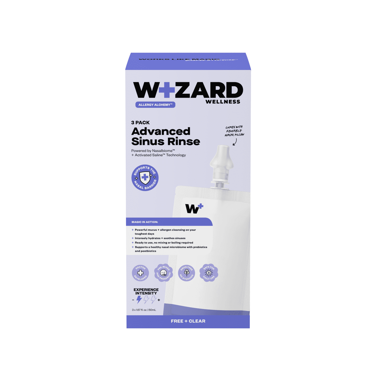 Wizard Wellness Advanced Sinus Rinse, Pre-Mixed Saline Nasal Wash, Drug-Free, Free + Clear, 3-Pack