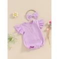 thumbnail image 2 of Biezeib Baby Girls Rompers Solid Color Buttons Fly Sleeve Round Neck Infant Bodysuits Summer Clothes with Headband, 2 of 6