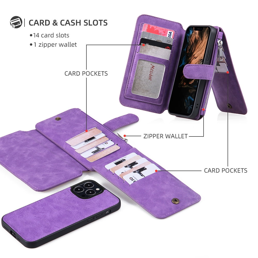 Compatible with iPhone XS MAX Max Wallet Case PU Leather with 14 Card Holder Magnetic Multi Function Money Purse Zipper Protective Cover Purple
