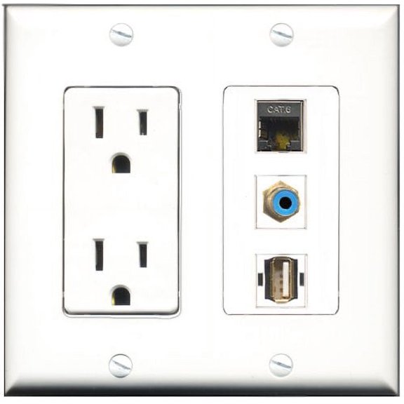 RiteAV - 15 Amp Power Outlet 1 Port RCA Blue 1 Port USB A-A 1 Port Shielded Cat6 Ethernet Ethernet Decorative Wall Plate