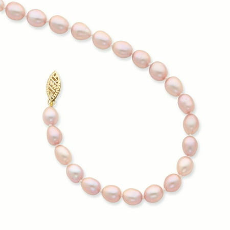- 14k Yellow Gold 7mm Pink Rice Freshwater Cultured Pearl Bracelet 7.25 Inch
