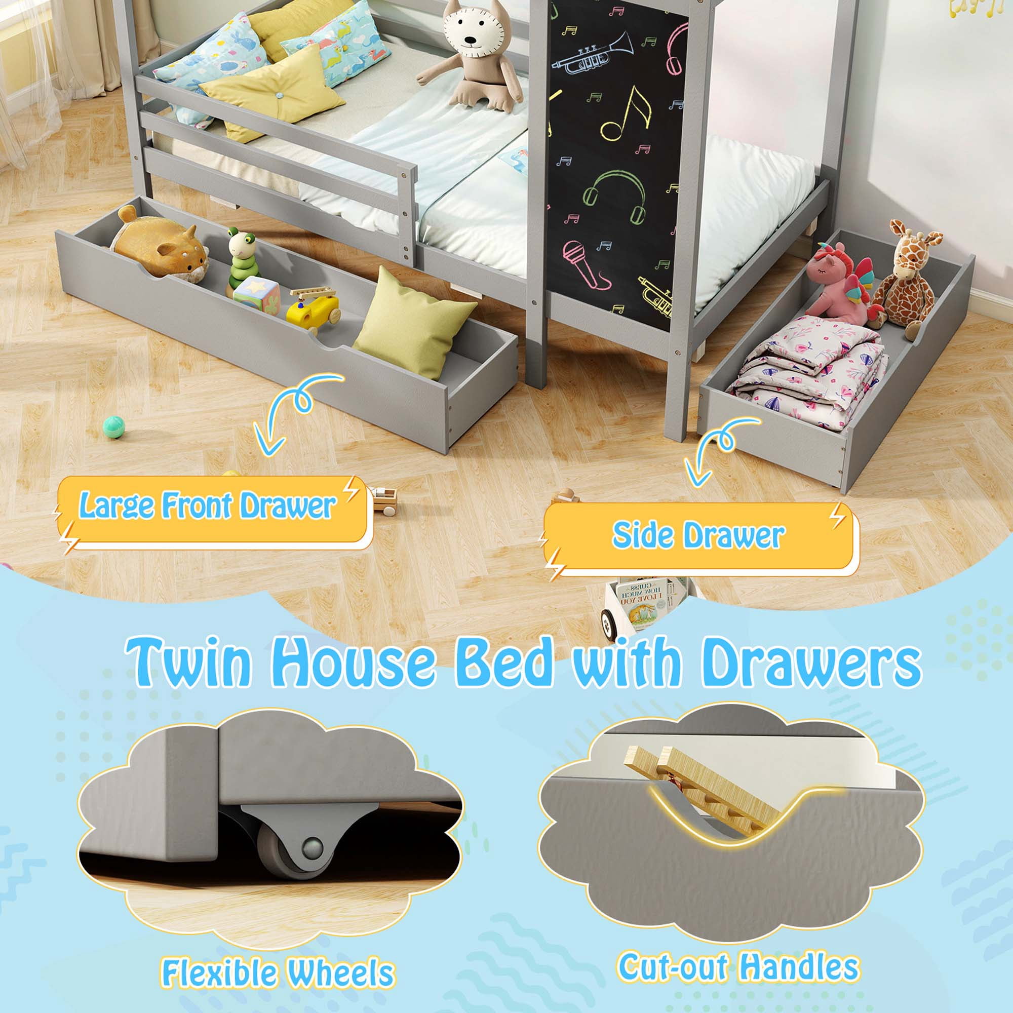 Costway Twin House Bed with 2 Storage Drawers Solid Wood Platform Bed with Blackboard Gray