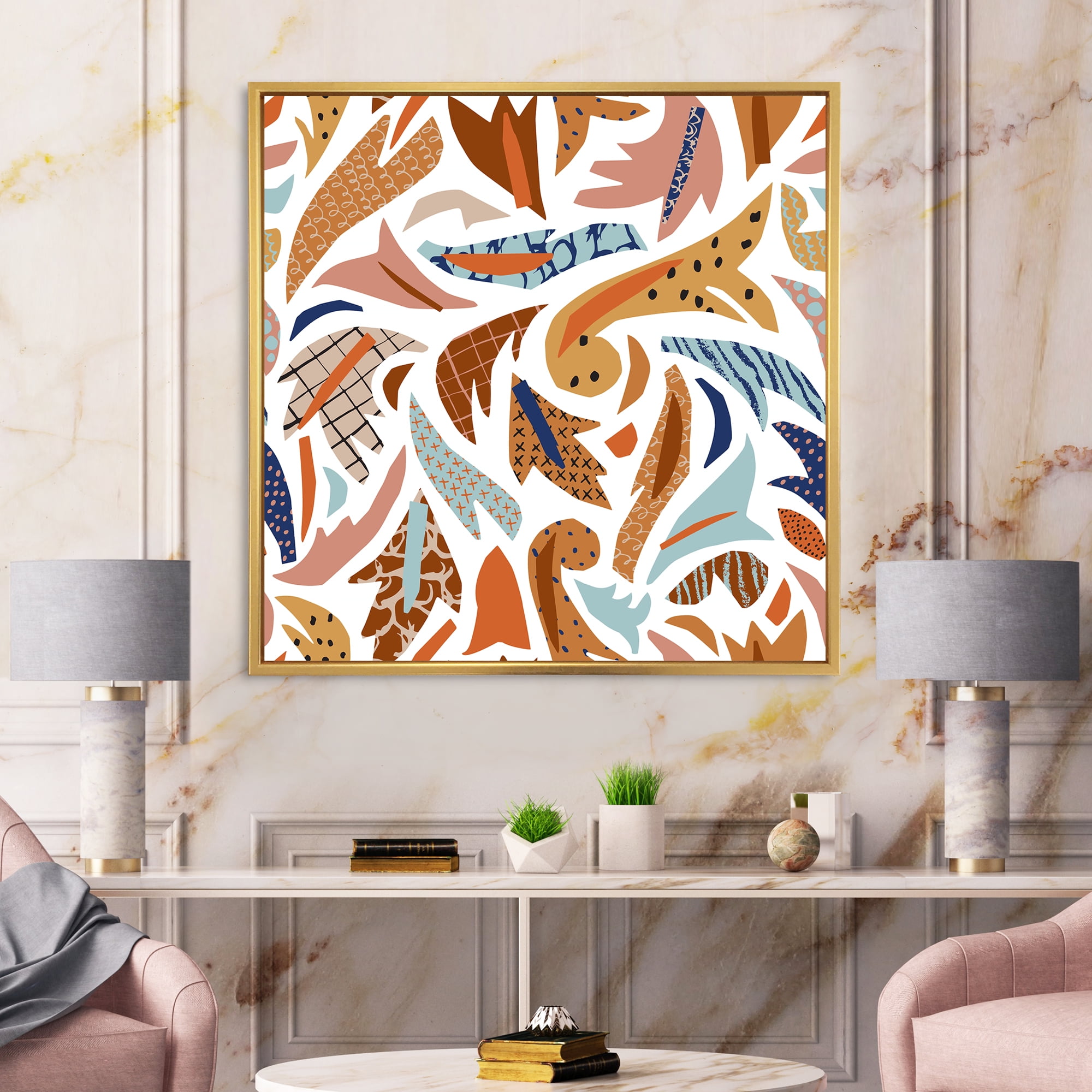 Designart 'Baroque Inspired Stylized Doodles Shapes' Bohemian & Eclectic Framed Canvas Wall Art Print