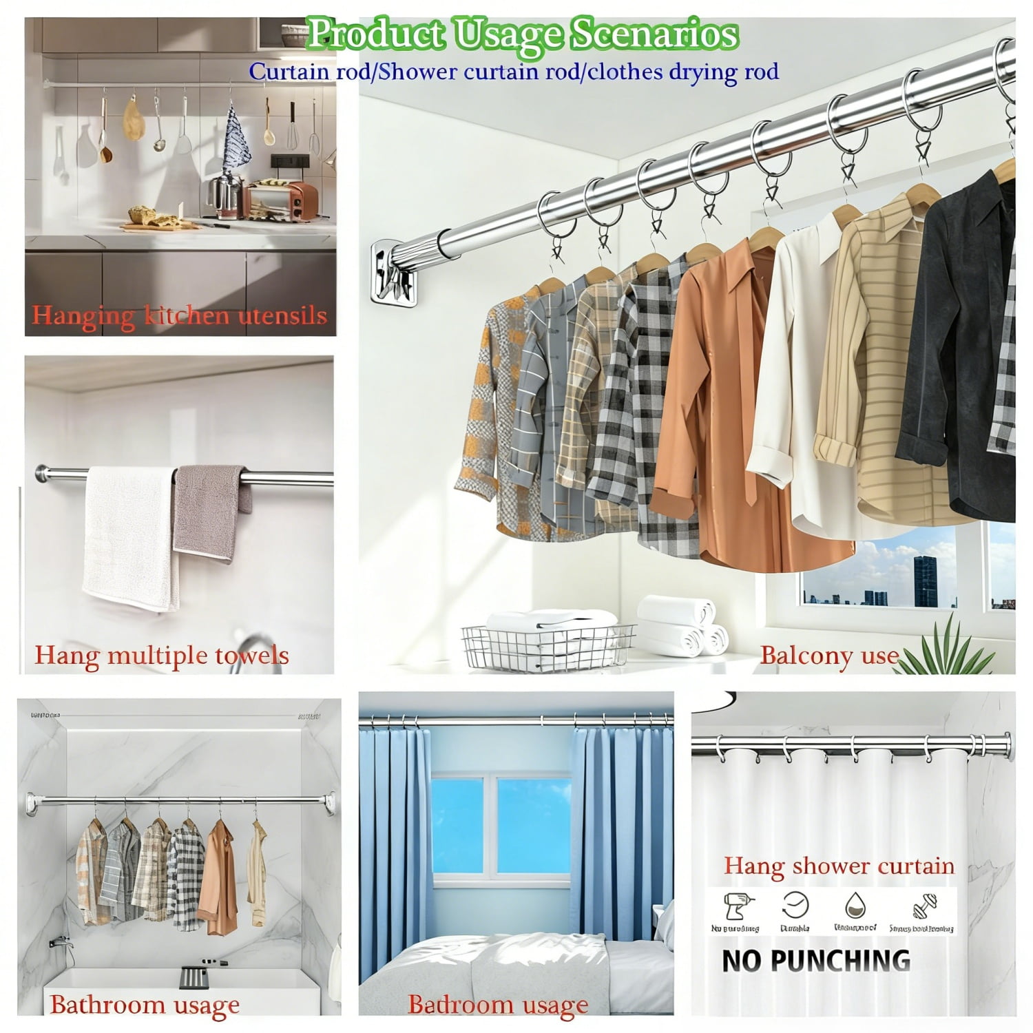 No Drill Tension Rod - Extra Long Room Divider 43-122inch, Adjustable Spring Shower Curtain Rod for Closet/Balcony, Non-slip Telescopic Pole (Silver)