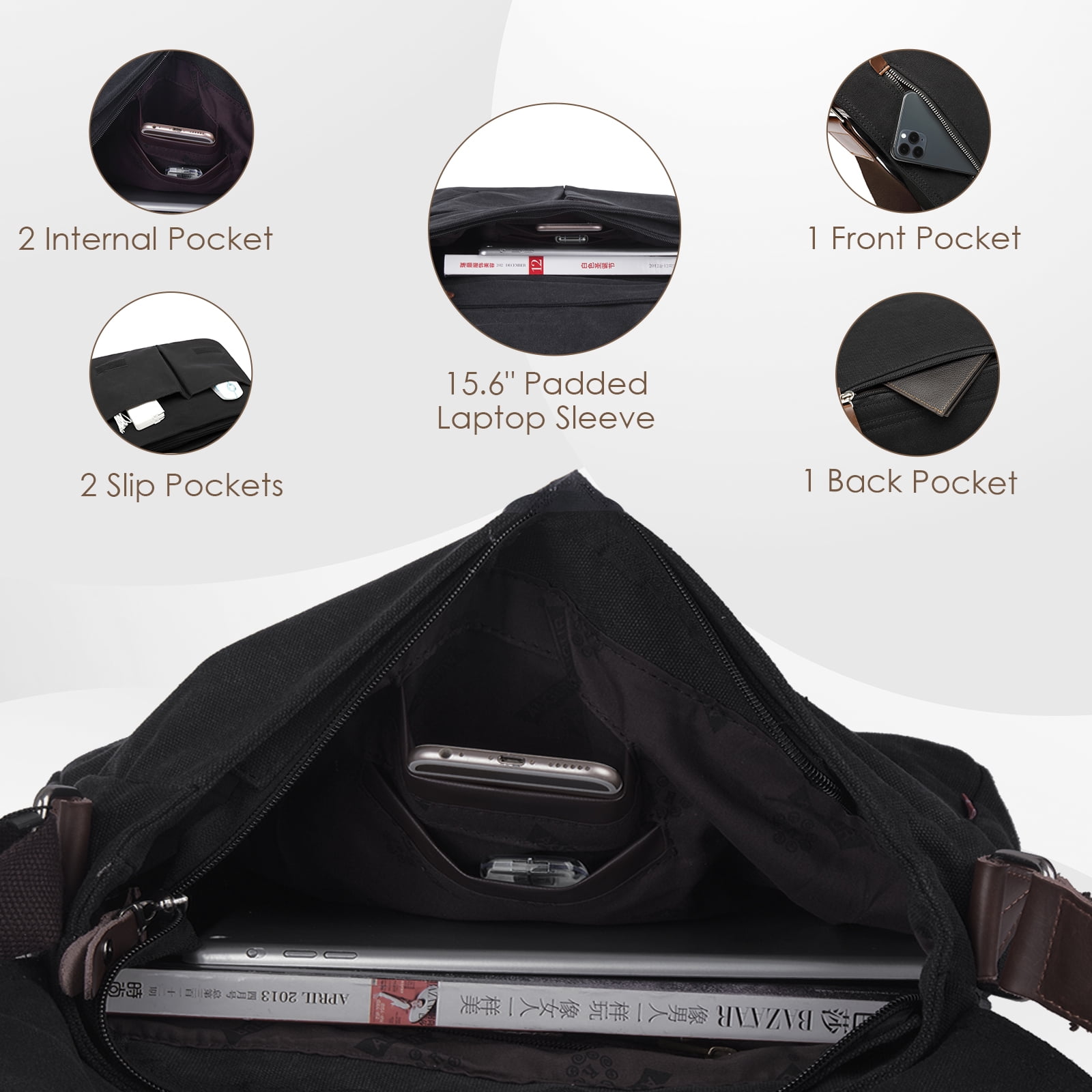 Canvas Messenger Bag 13. 5" Laptop Bag for Men Women for School Work Travel - Black
