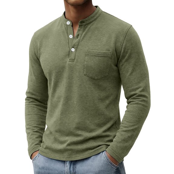 VgaVtl Long Sleeve Tshirts for Men Cotton Fall Winter Casual with Pocket Loose Tops for Men Plain Button Vintage Henley
