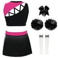 thumbnail image 2 of Alvivi Girls 5 Pieces  Cheer Leader Outfit Competition Fancy Dress Up Crop Top+Skirt+Headwear+Flower Balls+Socks A Hot Pink Black 16, 2 of 3
