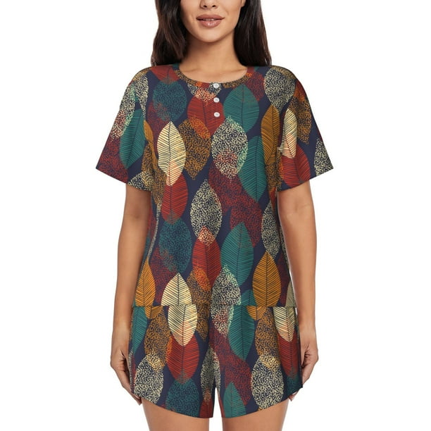 Fotbe Autumn Leaves Conjunto de Pijama Estampado para Mujer, 2 Piezas, Ropa de Dormir con Camiseta de Manga Corta y Shorts Suaves-X-Large