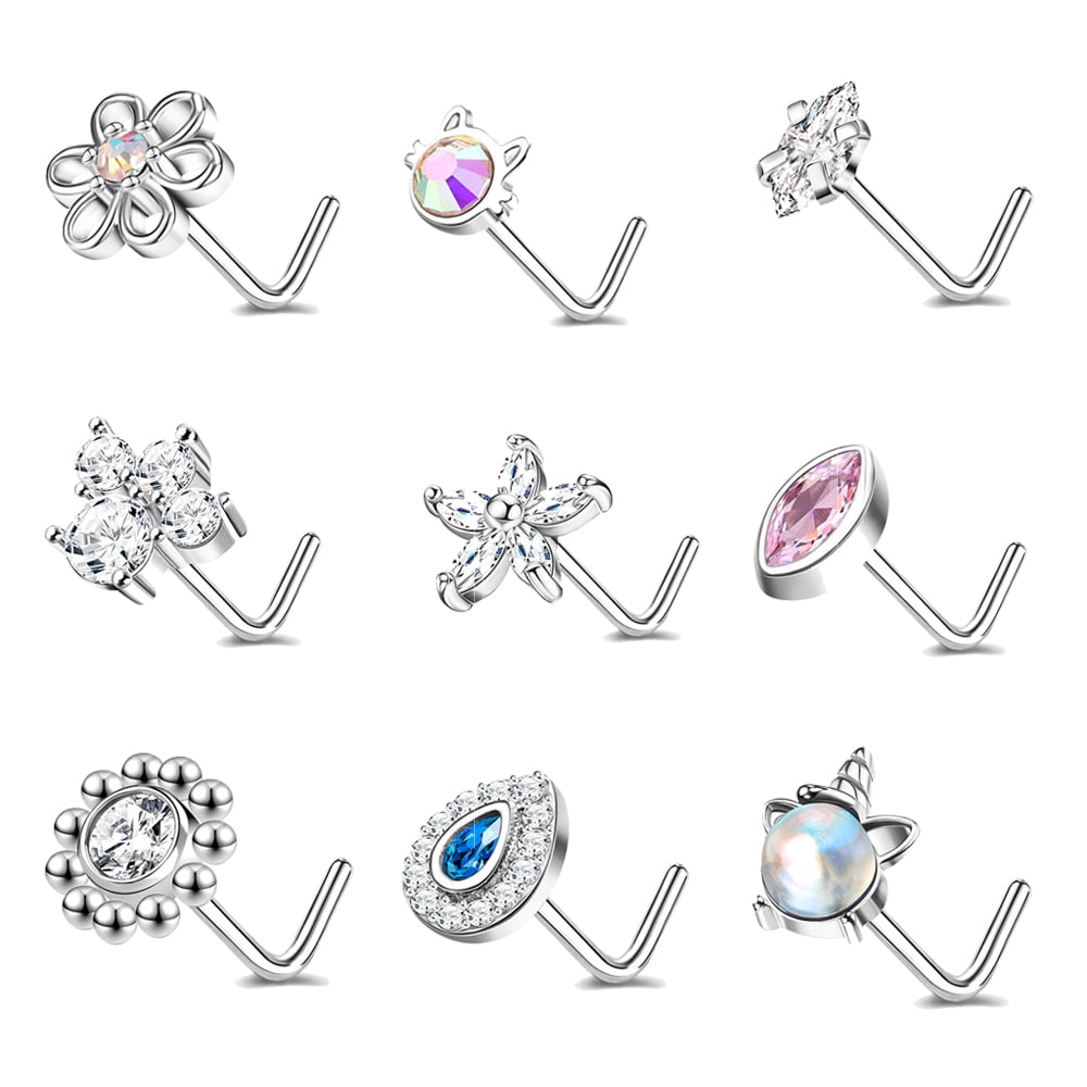 ZS 9Pcs/Set 20g AB White Crystal Nose Ring Piercing Mix Flower Heart
