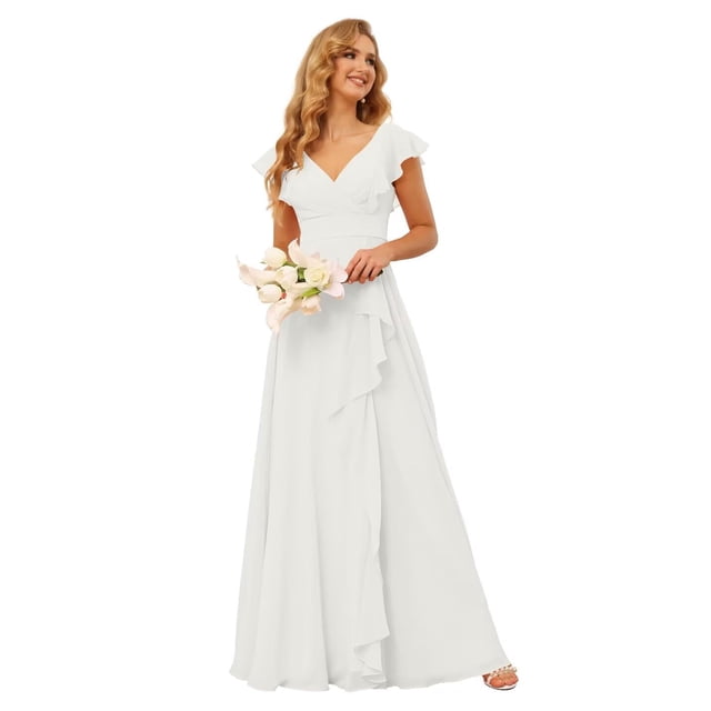Vestido de dama de honor TIRAS, cuello en V, gasa con volantes, color marfil, 20 W