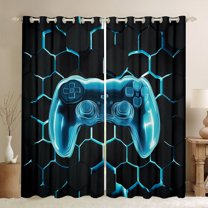 jejeloiu Kids Gamepad Controller Blackout Curtains Set of 2 (52x84 Each),Console Gamer Gaming Window Curtains,Cyan Hexagon Curtains and Drapes For Boy,Microfiber Bedroom Decor