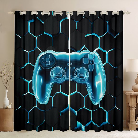 jejeloiu Kids Gamepad Controller Blackout Curtains Set of 2 (52x84 Each),Console Gamer Gaming Window Curtains,Cyan Hexagon Curtains and Drapes For Boy,Microfiber Bedroom Decor