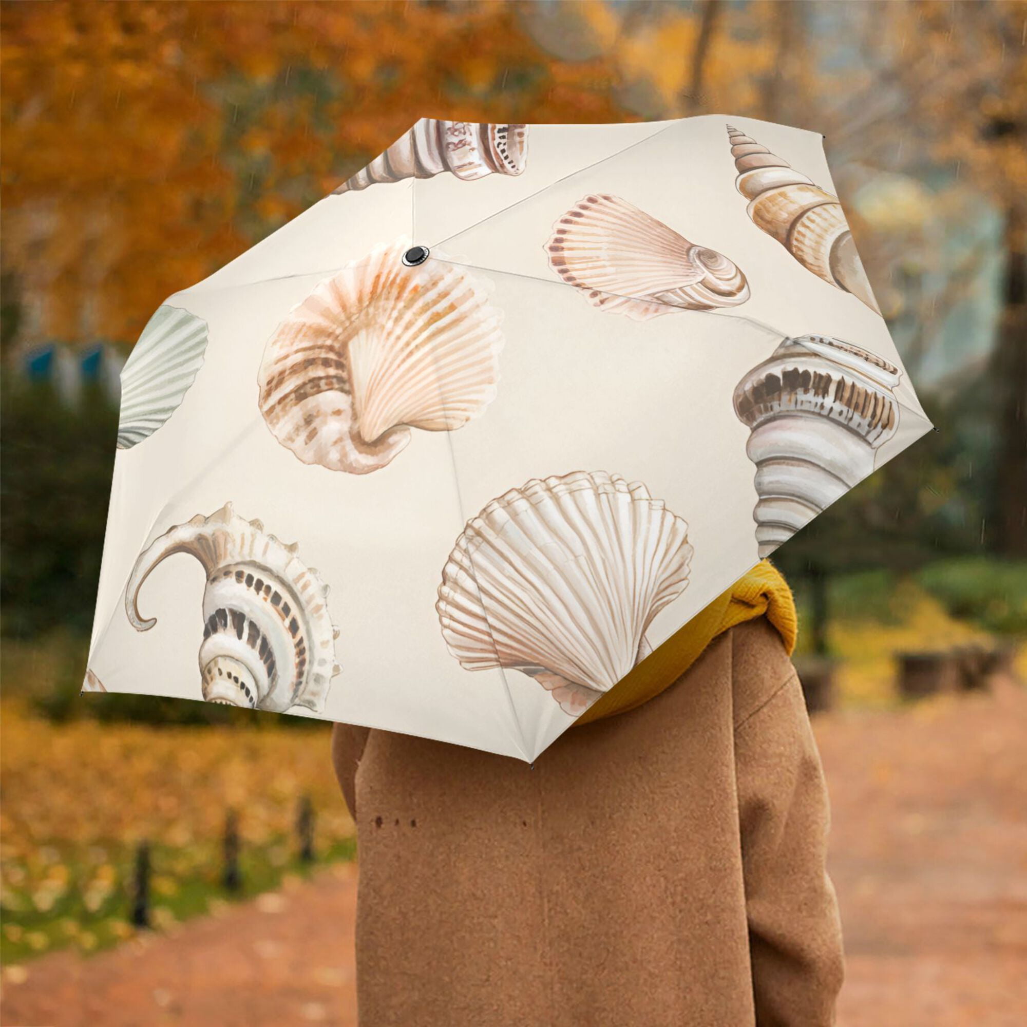 FORMRS Travel Umbrella Folding Auto Open Close Windproof Rain UV Protection, Green Watercolor Seashells